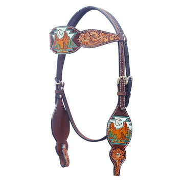 BAR H EQUINE Western Horse Floral Hand Painted Genuine Leather Headstall Dark Brown